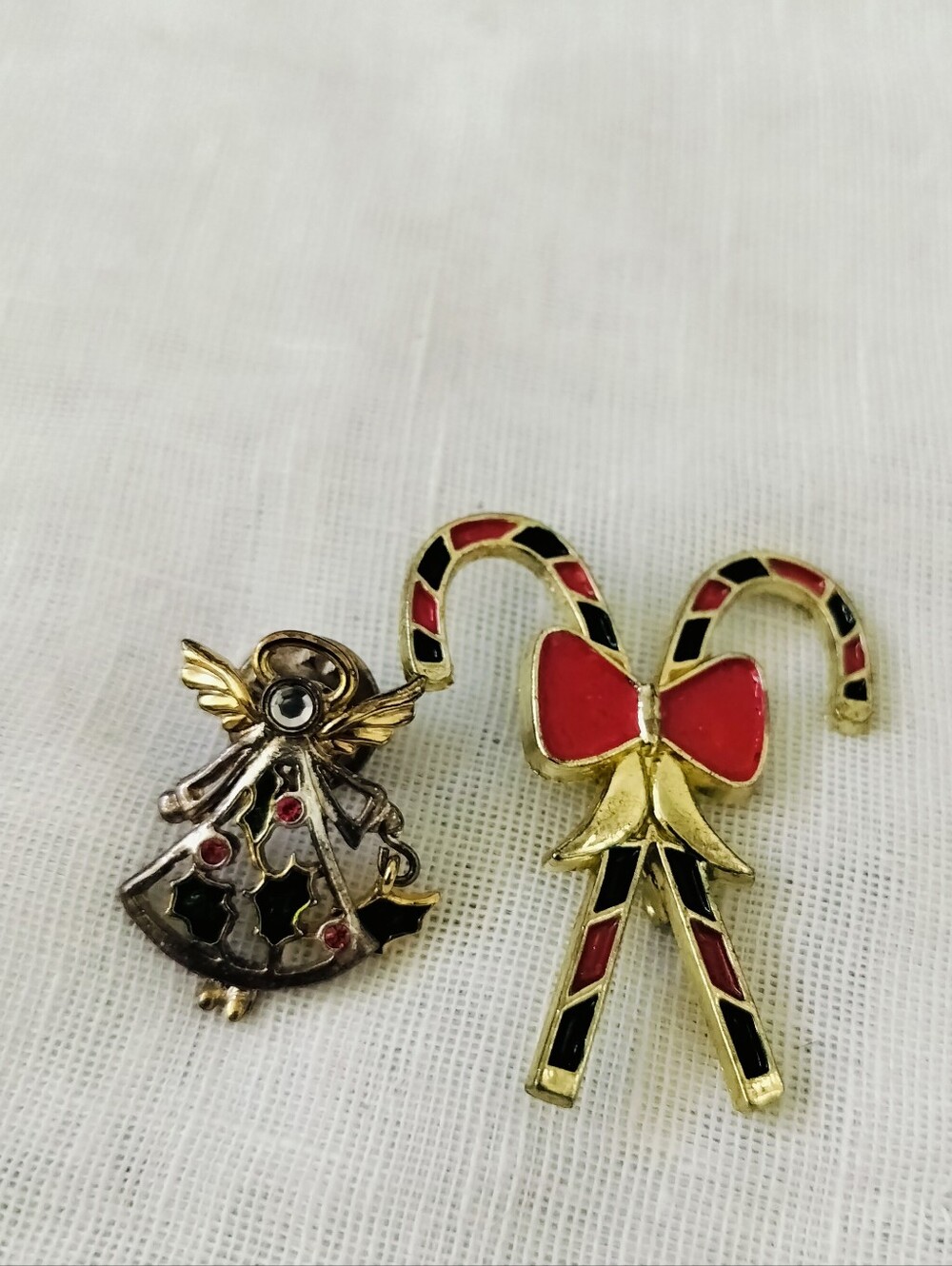 Vintage Christmas Brooch Set: Angel & Candy Cane Pin Collection